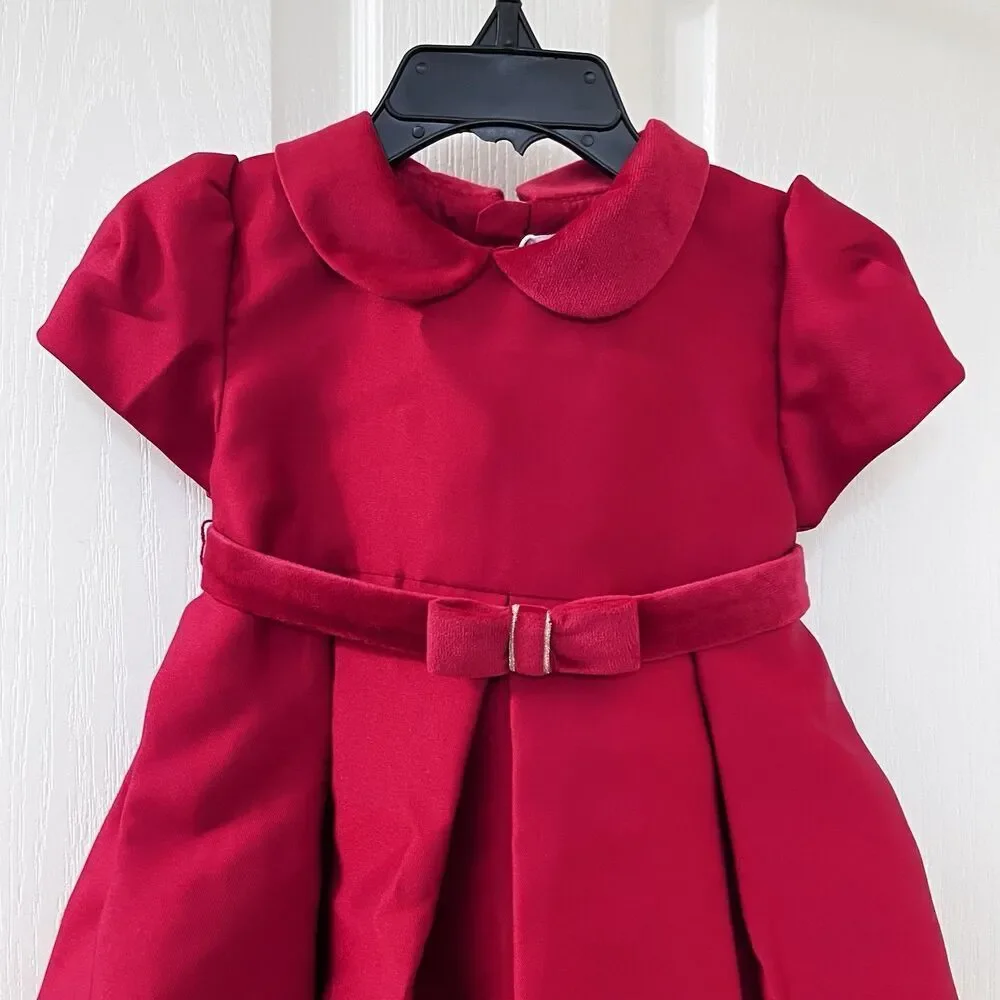 Mayoral Red Bow Taffeta Dress with Belt Collared Girls Size 18 Months NWT